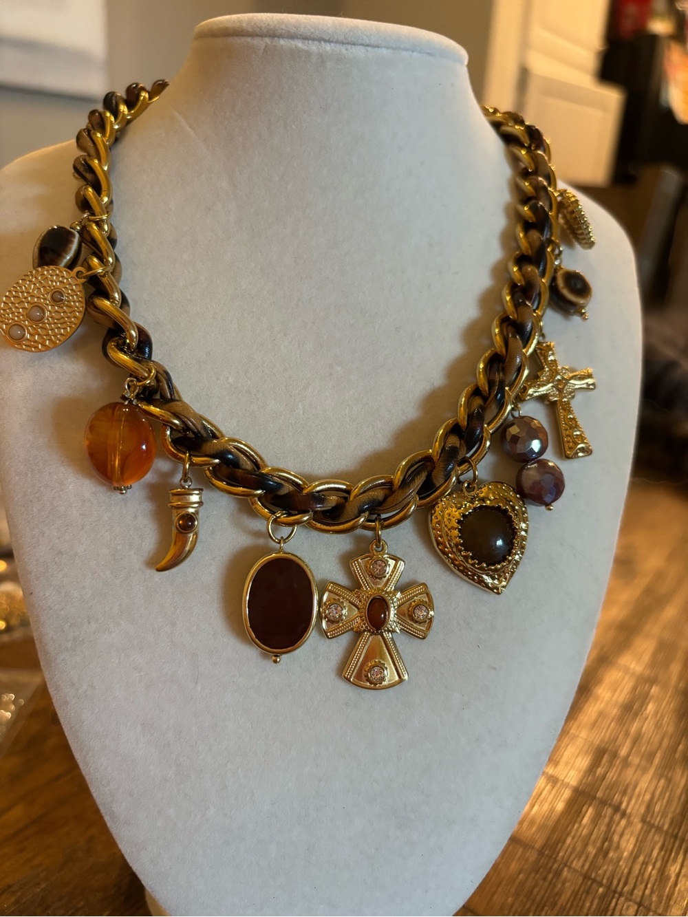 Gold-Tone Brown Charm Statement Necklace